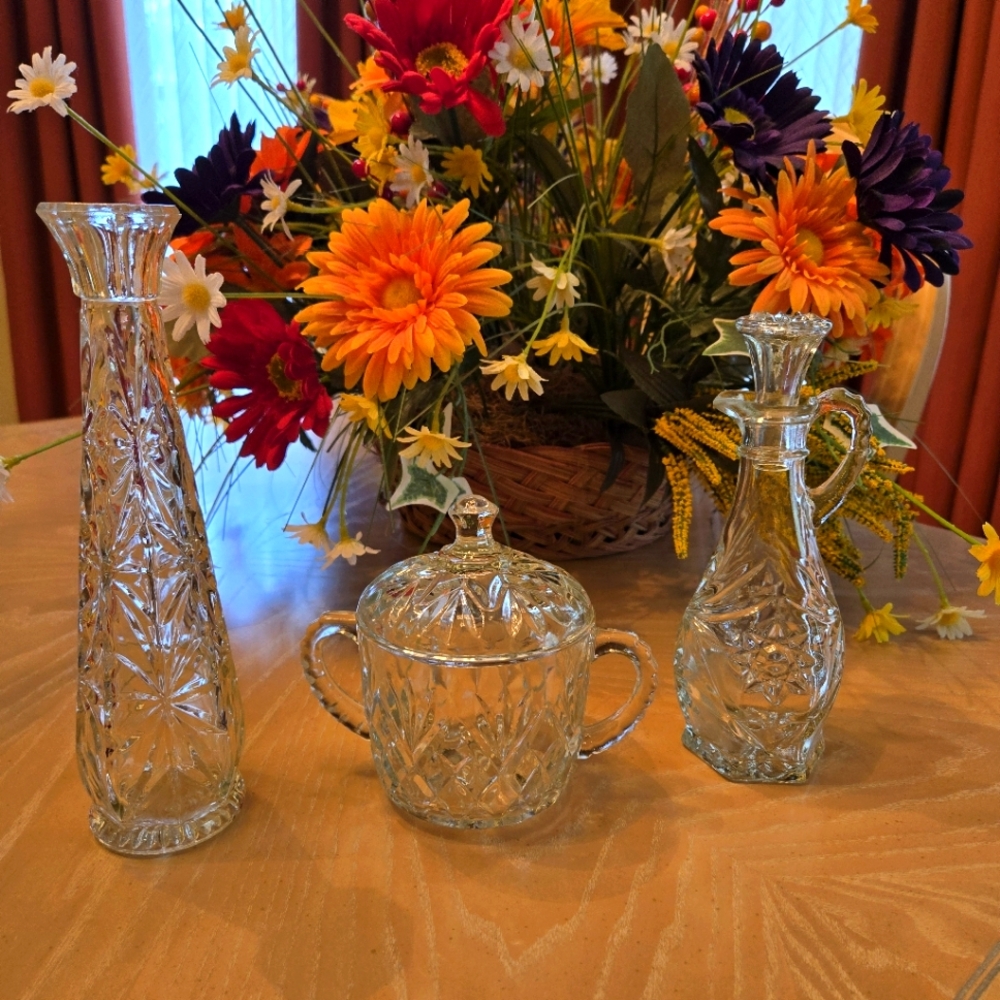Vintage Cut Glass Trio – Sugar Bowl, Oil Server, Vase – Brilliant Crystal